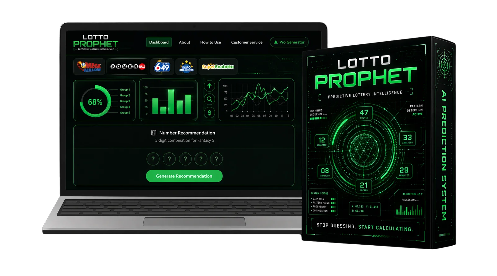 Lotto Prophet AI dashboard on a laptop next to the software box