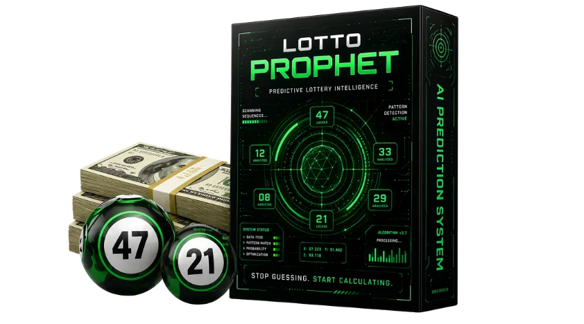 Lotto Prophet AI software box with lottery balls